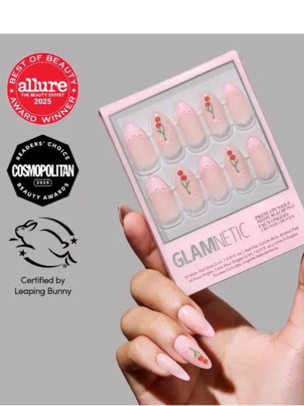 Glamnetic Pink Cherry Accent Press-On Nails - “Cherry Bow” - Medium Almond